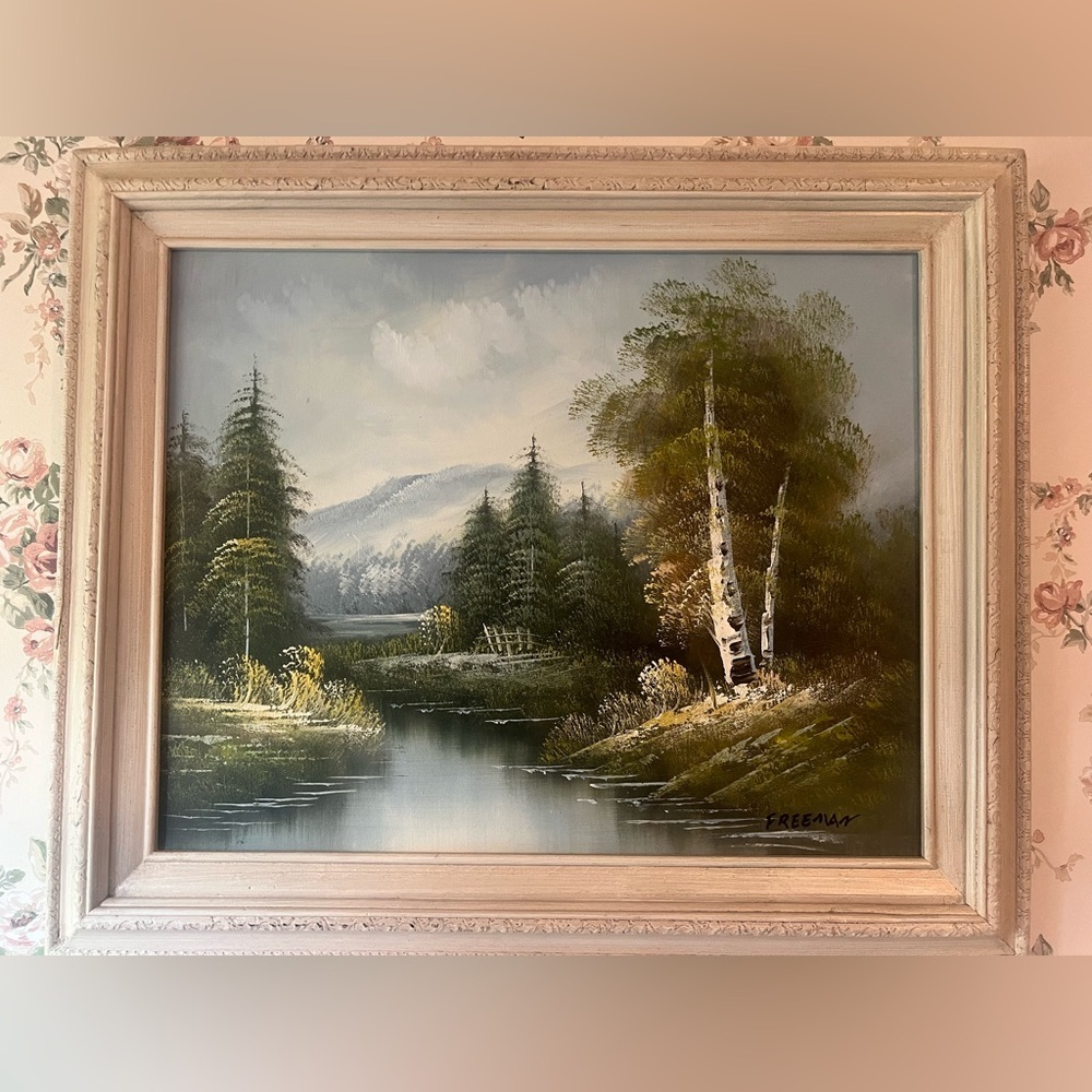Mid 20th Century Freeman Landscape Water mountain impressionist Oil Painting